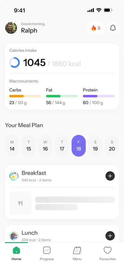 Kysana App: Home mit Kalorien-Übersicht und Meal Plan