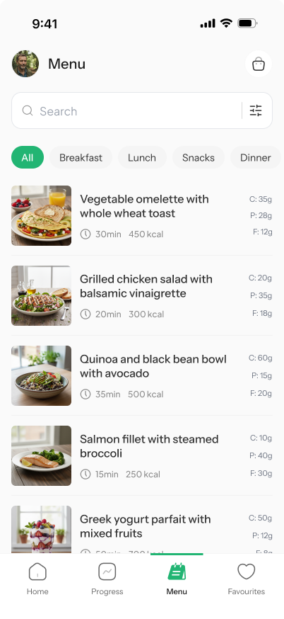 Kysana App: Rezepte-Menu mit Makros und Kategorien